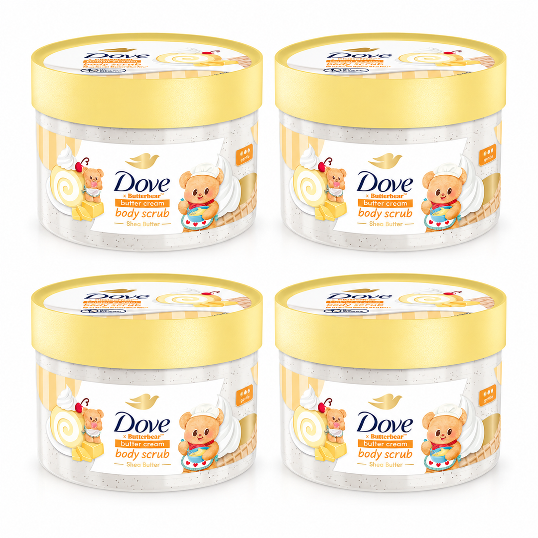 Dove Butter Cream Body Scrub 298 g — 4 jars on white