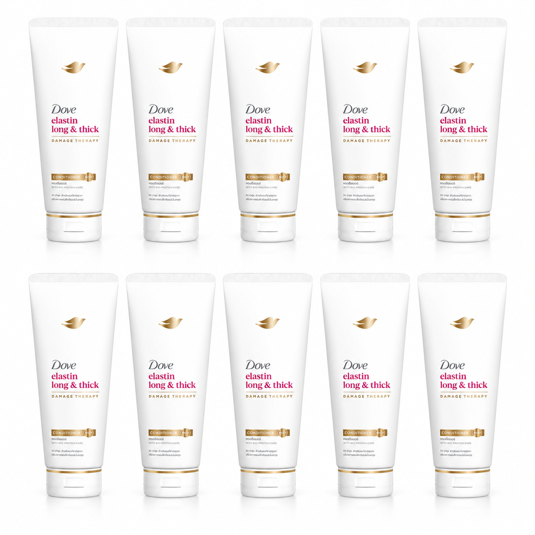 Dove Elastin Long & Thick Damage Therapy Conditioner 350 ml — 10 tubes on white
