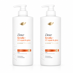 Dove Ferulic+ UV Repair & Glow Damage Therapy Shampoo 370 ml — 2 bottles on white