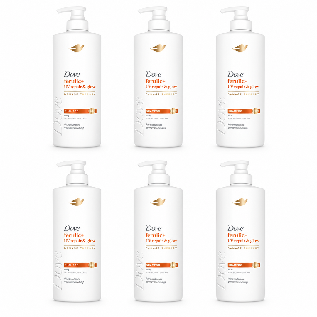 Dove Ferulic+ UV Repair & Glow Damage Therapy Shampoo 370 ml — 6 bottles on white