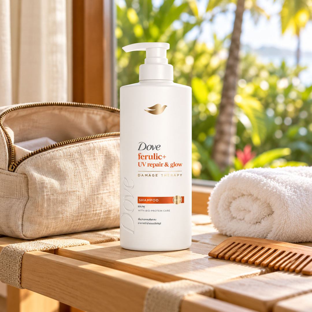 Dove Ferulic+ UV Repair & Glow Damage Therapy Shampoo 370 ml — single-unit lifestyle photograph