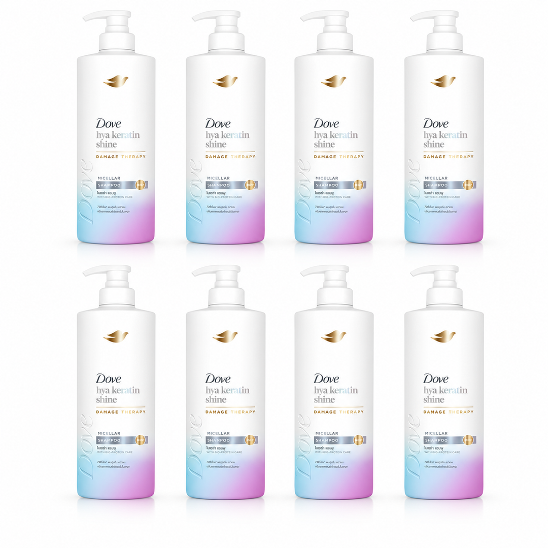 Dove Hya Keratin Shine Micellar Shampoo 380 ml — 8 bottles on white