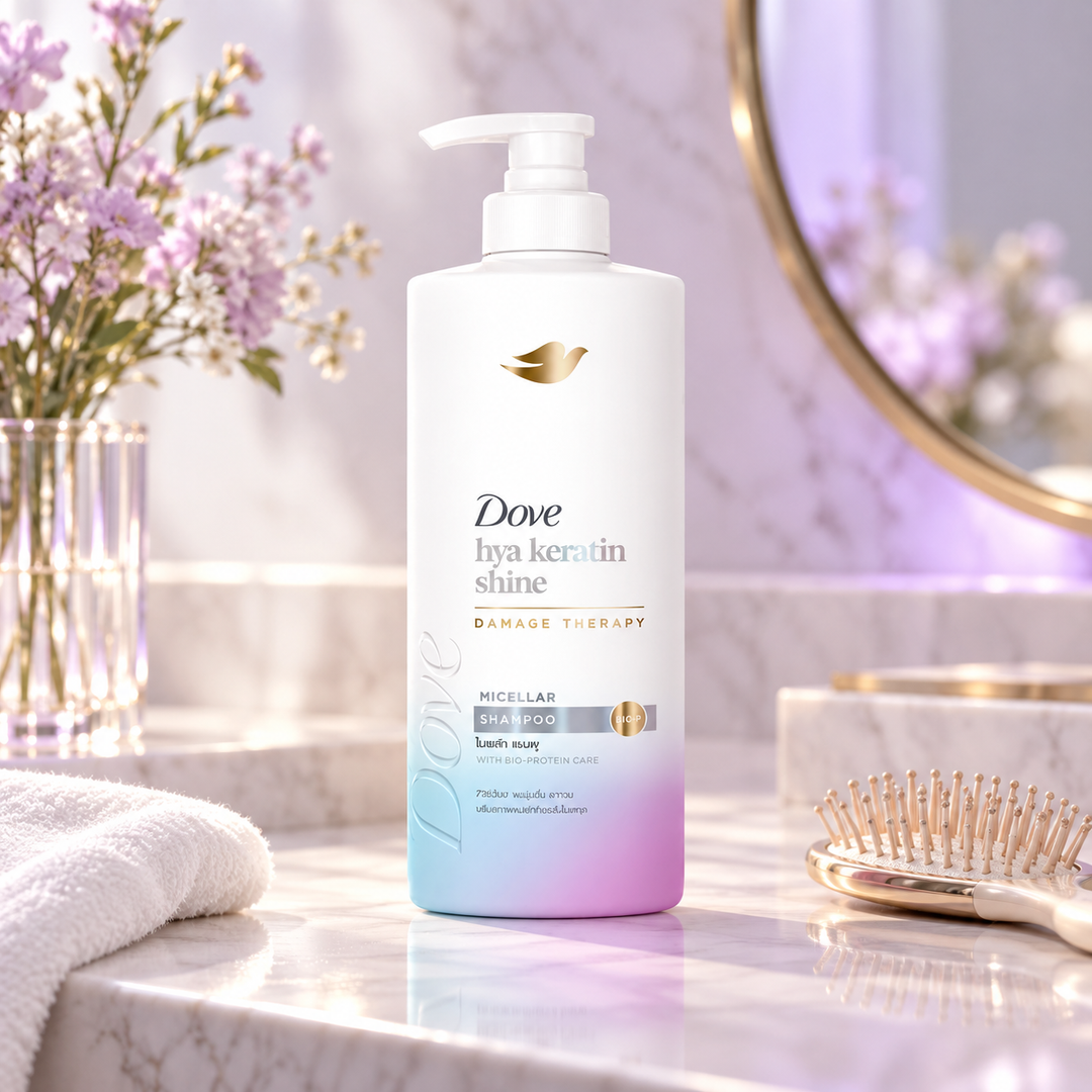 Dove Hya Keratin Shine Micellar Shampoo 380 ml — single-unit lifestyle photograph
