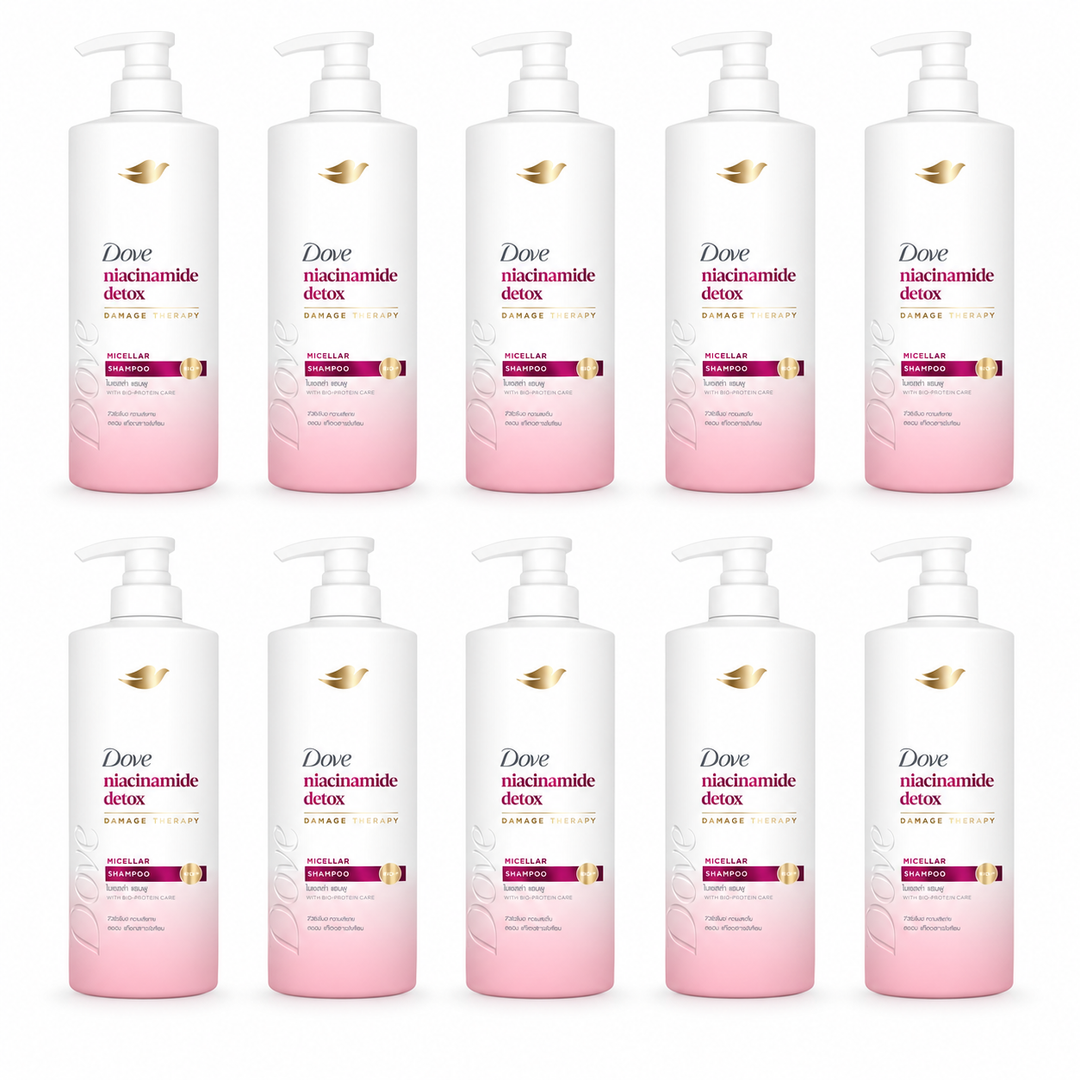 Dove Niacinamide Detox Micellar Shampoo 380 ml — 10 bottles on white
