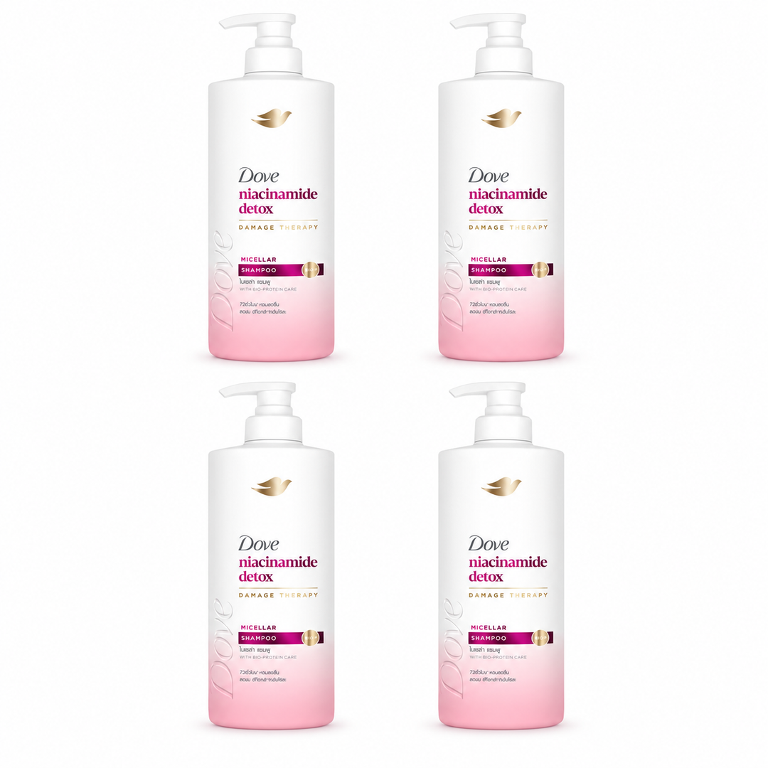 Dove Niacinamide Detox Micellar Shampoo 380 ml — 4 bottles on white