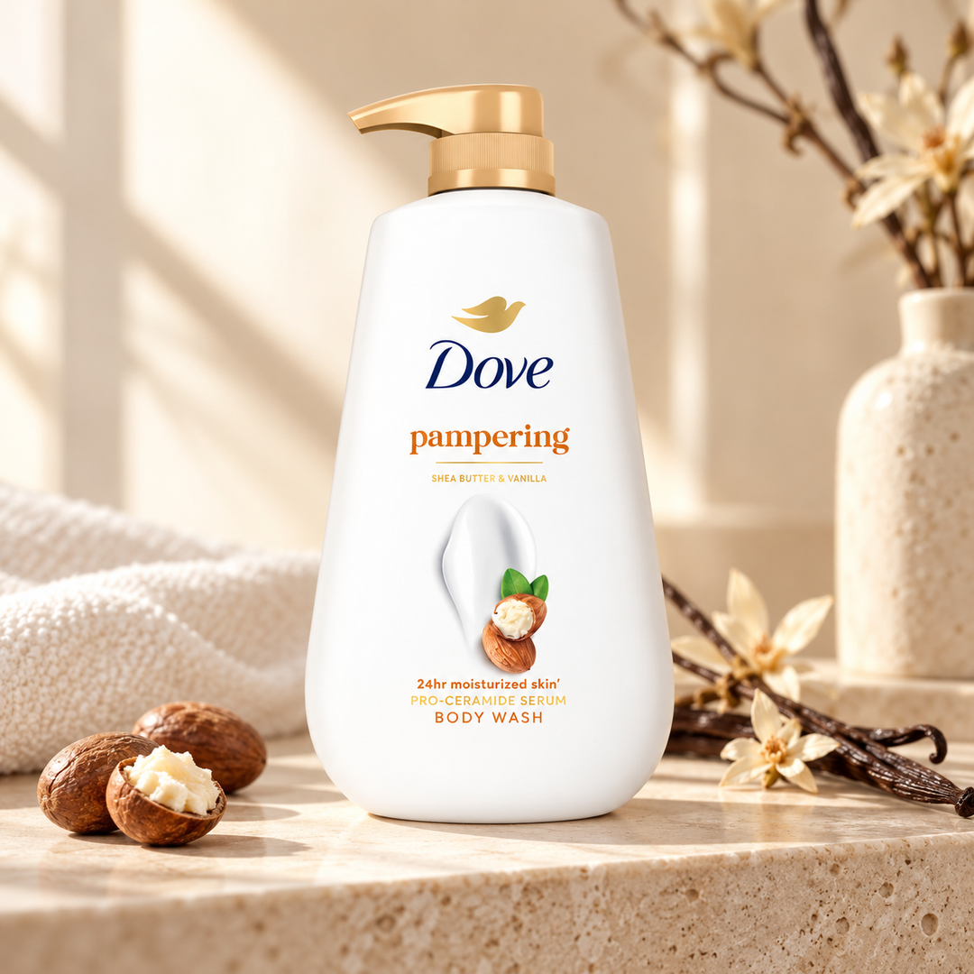 Dove Pampering Shea Butter & Vanilla Pro-Ceramide Serum Body Wash 500 ml — single-bottle lifestyle detail