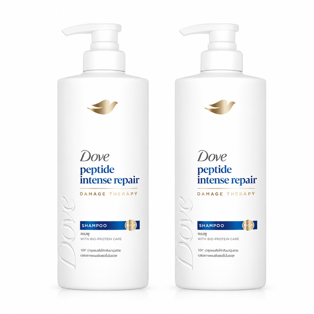 Dove Peptide Intense Repair Damage Therapy Shampoo 380 ml — 2 bottles on white