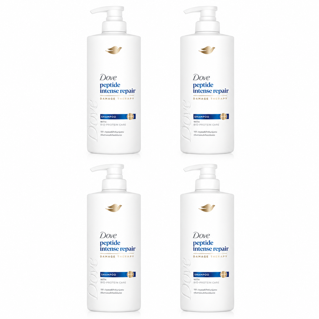 Dove Peptide Intense Repair Damage Therapy Shampoo 380 ml — 4 bottles on white