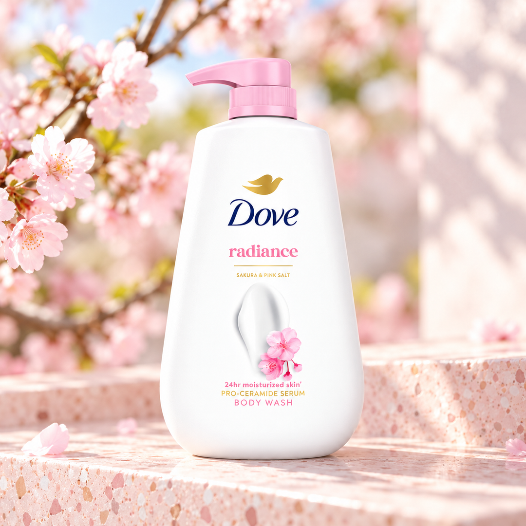 Dove Radiance Sakura & Pink Salt Pro-Ceramide Serum Body Wash 500 ml — single-bottle lifestyle detail