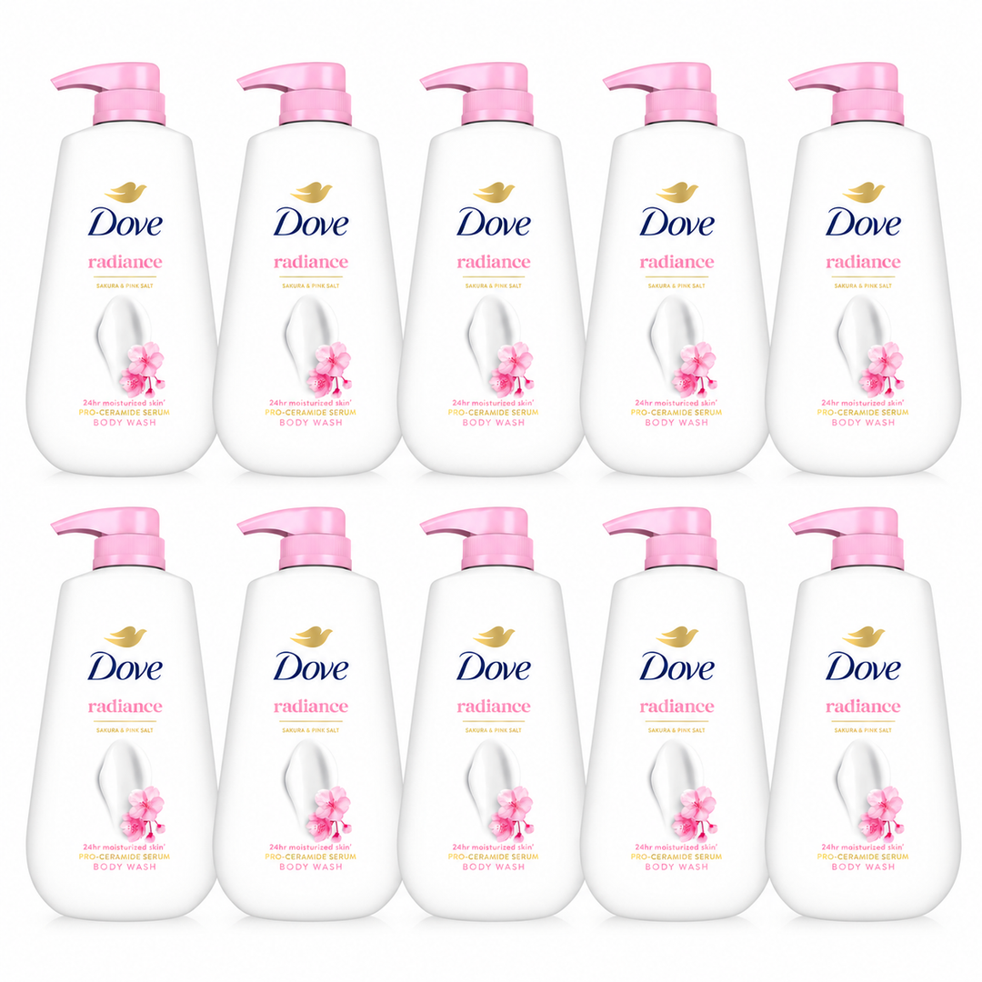 Dove Radiance Sakura & Pink Salt Pro-Ceramide Serum Body Wash 500 ml — 10 bottles on white