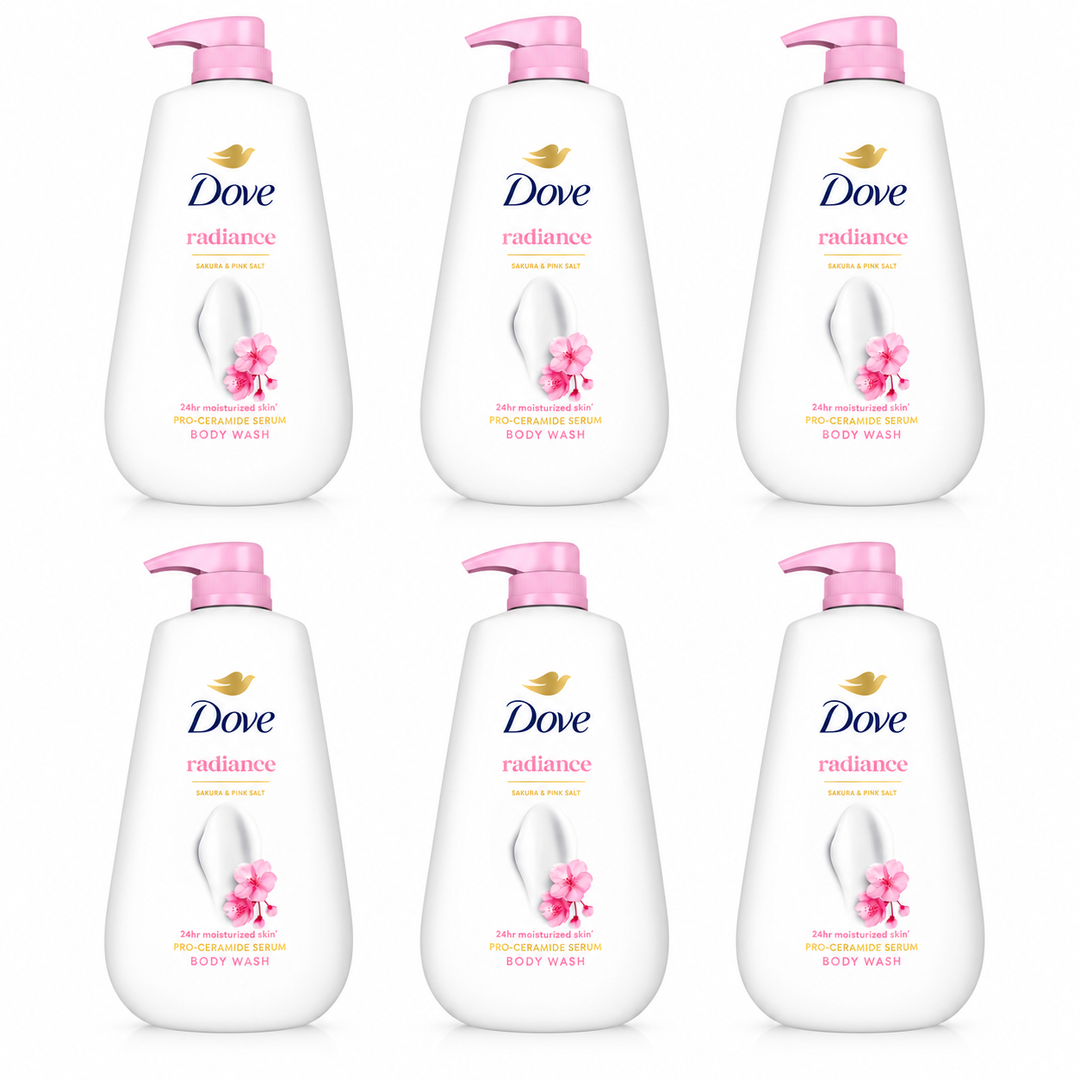 Dove Radiance Sakura & Pink Salt Pro-Ceramide Serum Body Wash 500 ml — 6 bottles on white