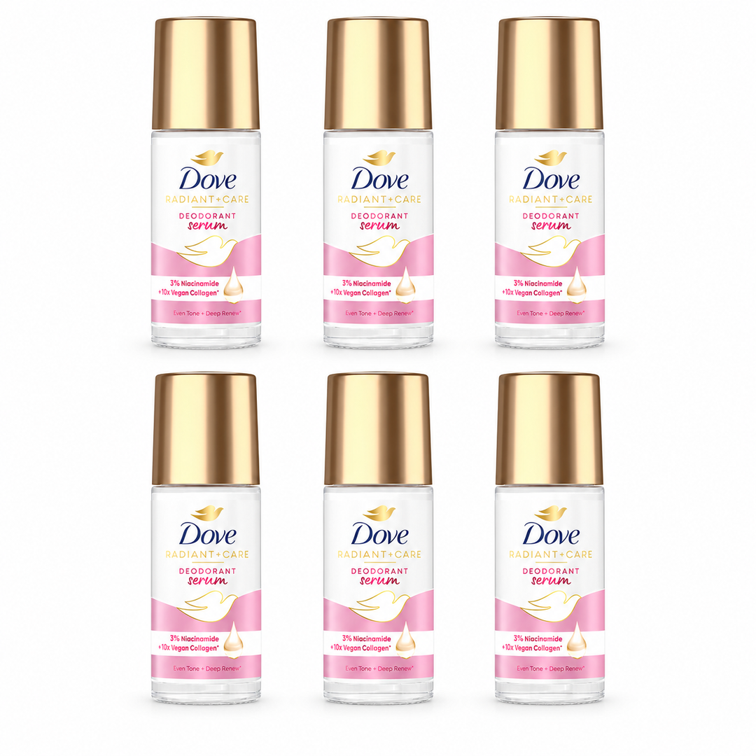 Dove Radiant + Care Collagen Deodorant Serum Roll-On 45 ml — 6 bottles on white