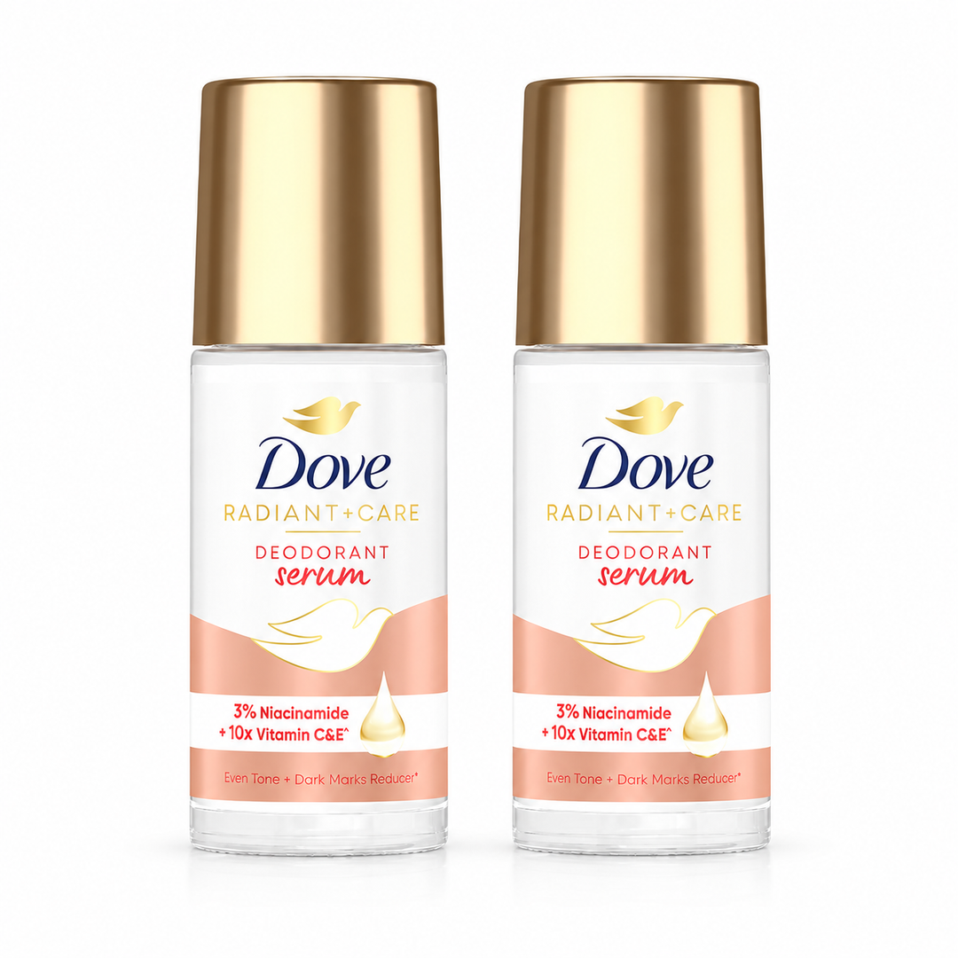 Dove Radiant + Care Vitamin C & E Deodorant Serum Roll-On 45 ml — 2 bottles on white