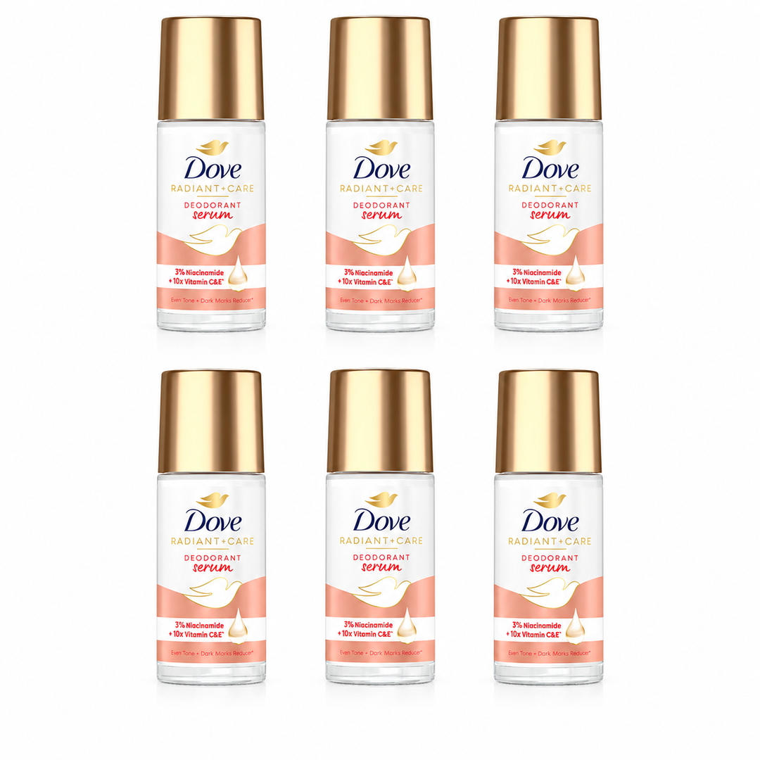 Dove Radiant + Care Vitamin C & E Deodorant Serum Roll-On 45 ml — 6 bottles on white