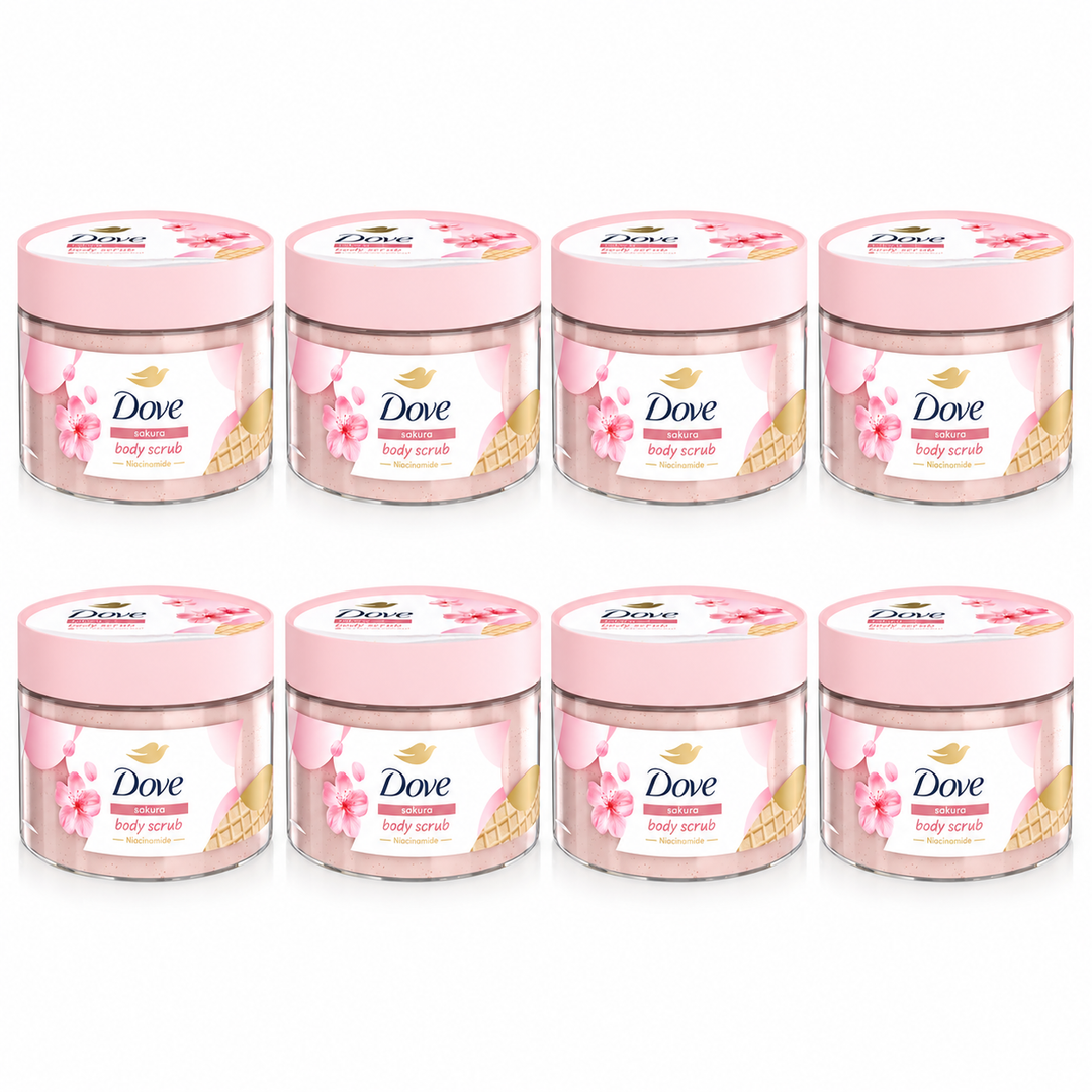 Dove Sakura Body Scrub with Niacinamide 280 g — 8 jars on white