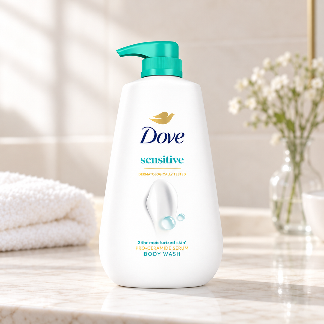 Dove Sensitive Pro-Ceramide Serum Body Wash 500 ml — single-bottle lifestyle detail