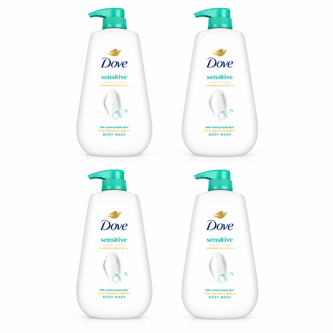 Dove Sensitive Pro-Ceramide Serum Body Wash 500 ml — 4 bottles on white
