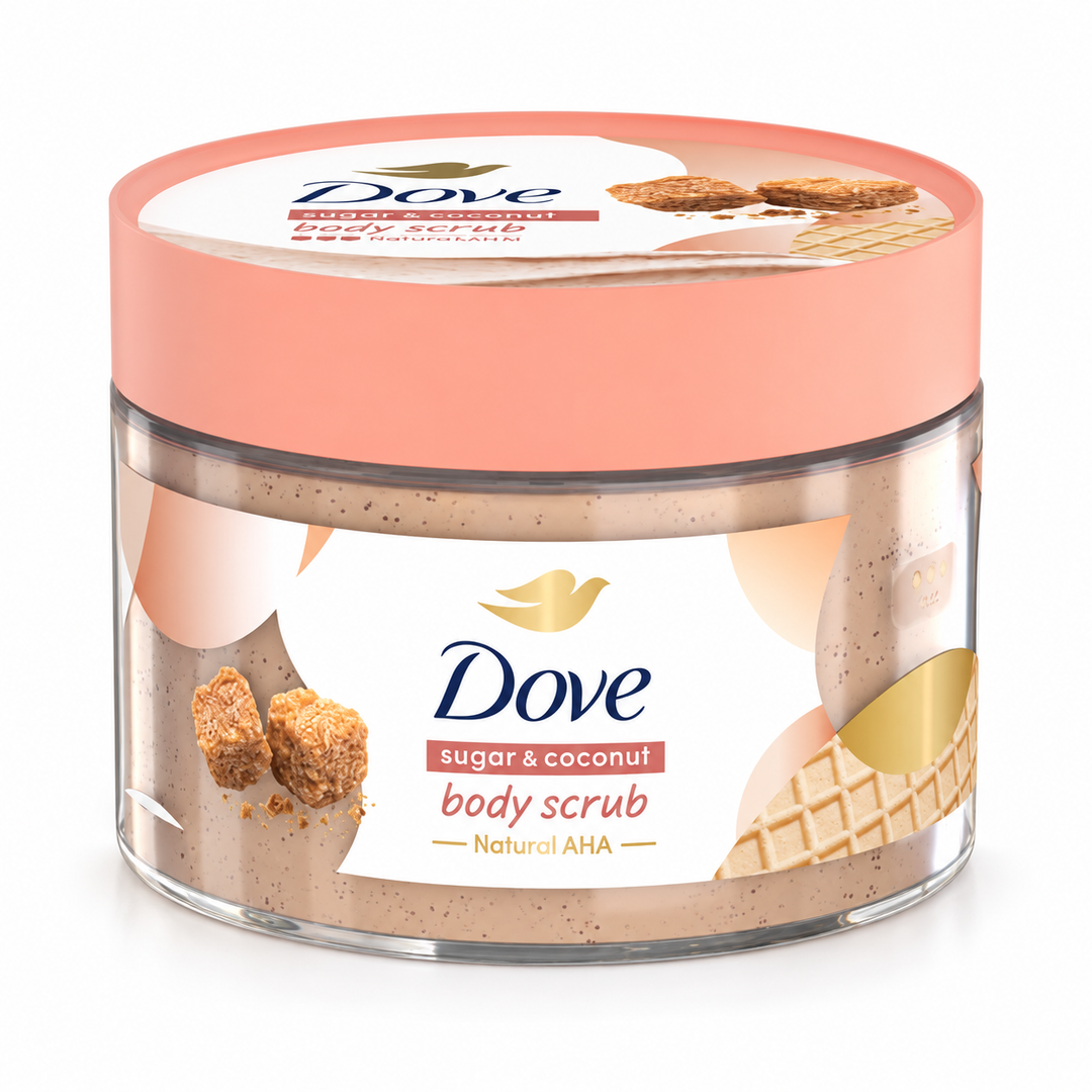 Dove Sugar & Coconut Body Scrub with Natural AHA 280 g — 1 jar on white