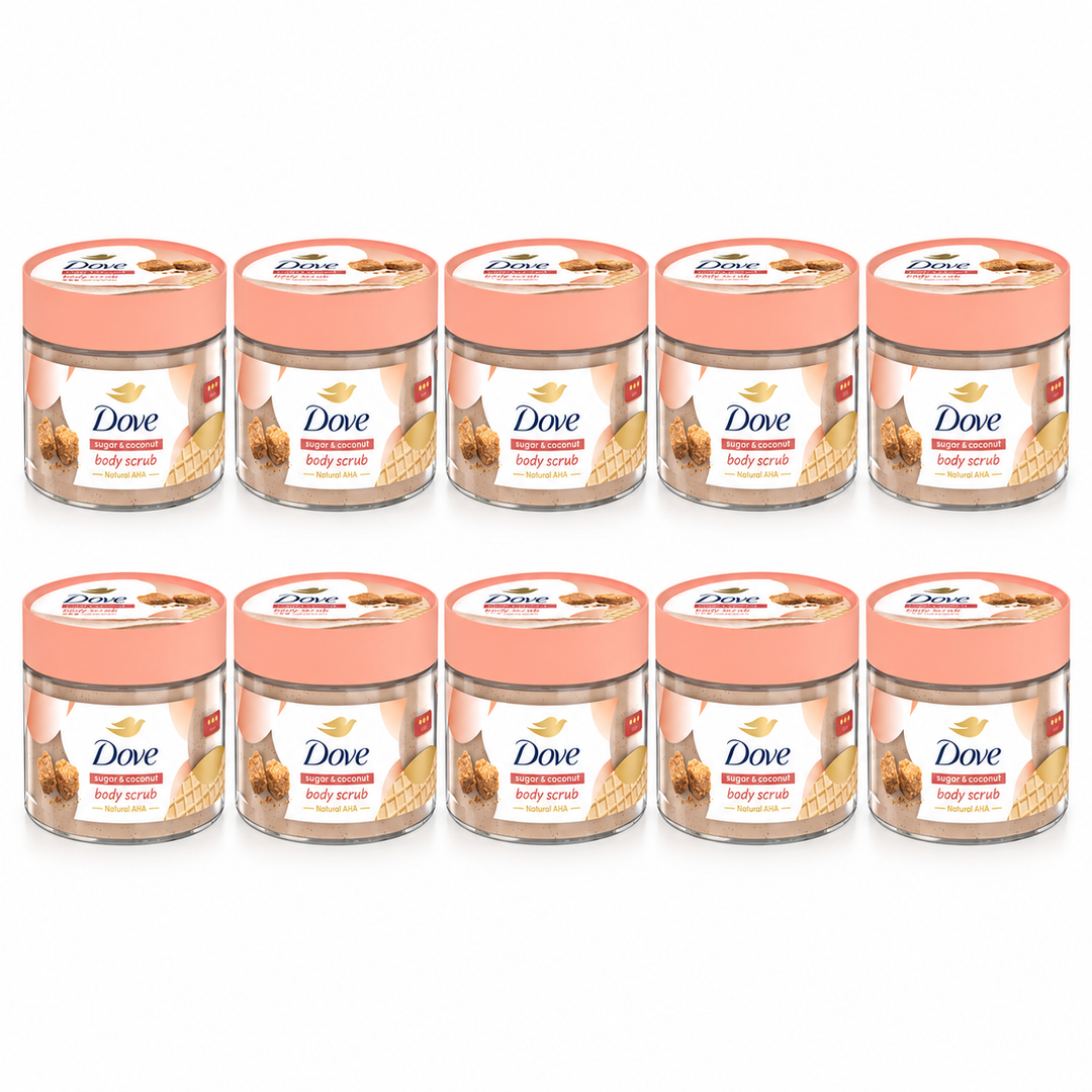Dove Sugar & Coconut Body Scrub with Natural AHA 280 g — 10 jars on white