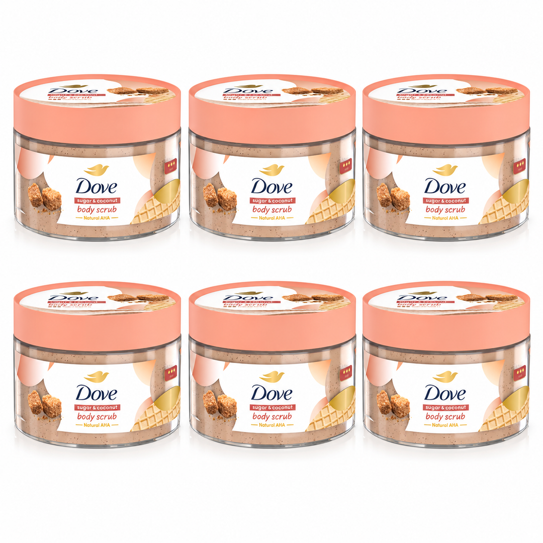 Dove Sugar & Coconut Body Scrub with Natural AHA 280 g — 6 jars on white