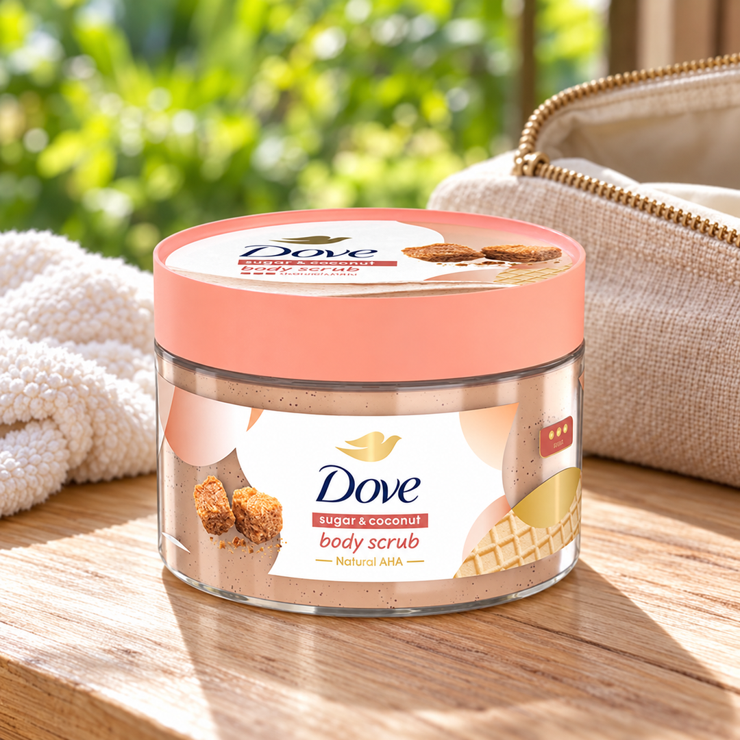 Dove Sugar & Coconut Body Scrub with Natural AHA 280 g — single-unit lifestyle photograph