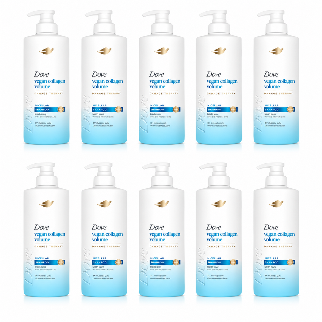 Dove Vegan Collagen Volume Micellar Shampoo 380 ml — 10 bottles on white