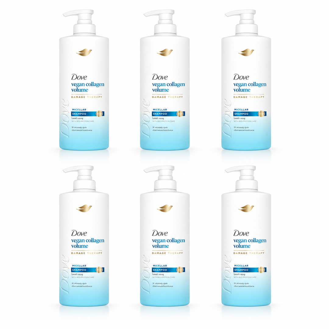 Dove Vegan Collagen Volume Micellar Shampoo 380 ml — 6 bottles on white