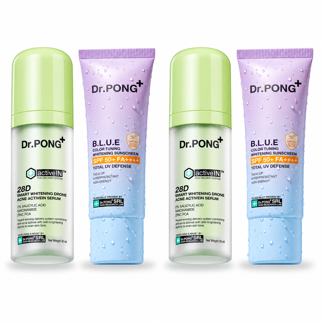 Dr.PONG activeIN 28D Smart Whitening Drone Acne Serum 30 ml + B.L.U.E Sunscreen 25 g | Set – 2 Sets on white background