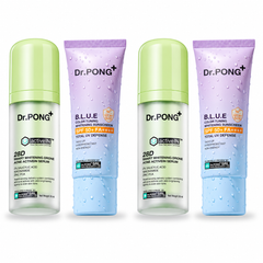 Dr.PONG activeIN 28D Smart Whitening Drone Acne Serum 30 ml + B.L.U.E Sunscreen 25 g | Set – 2 Sets on white background