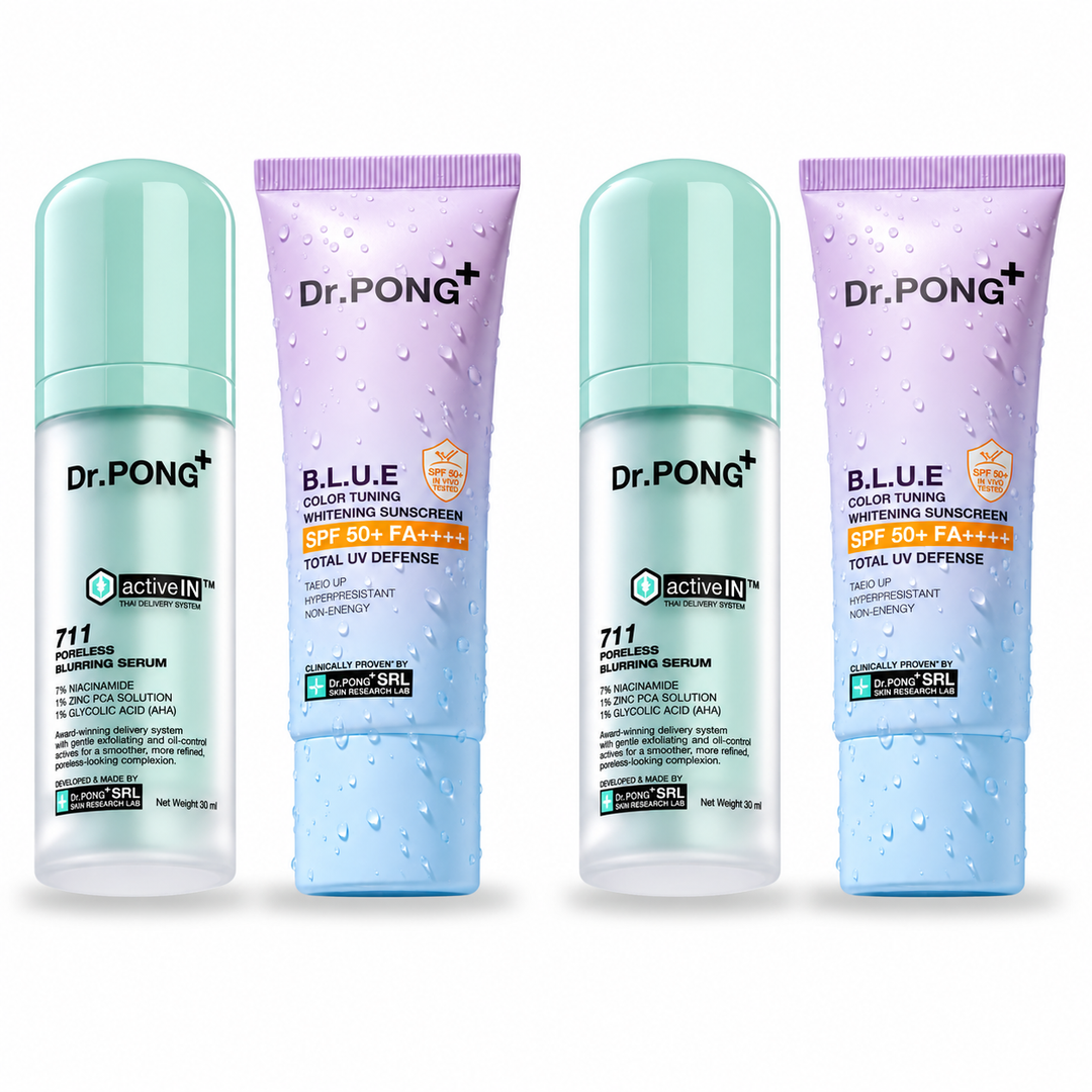 Dr.PONG activeIN 711 Poreless Blurring Serum 30 ml + B.L.U.E Sunscreen 25 g | Set – 2 Sets on white background