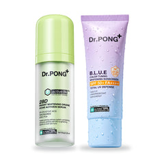 Dr.PONG Dr.PONG activeIN 28D Smart Whitening Drone Acne Serum 30 ml + B.L.U.E Sunscreen 25 g | Set on white background