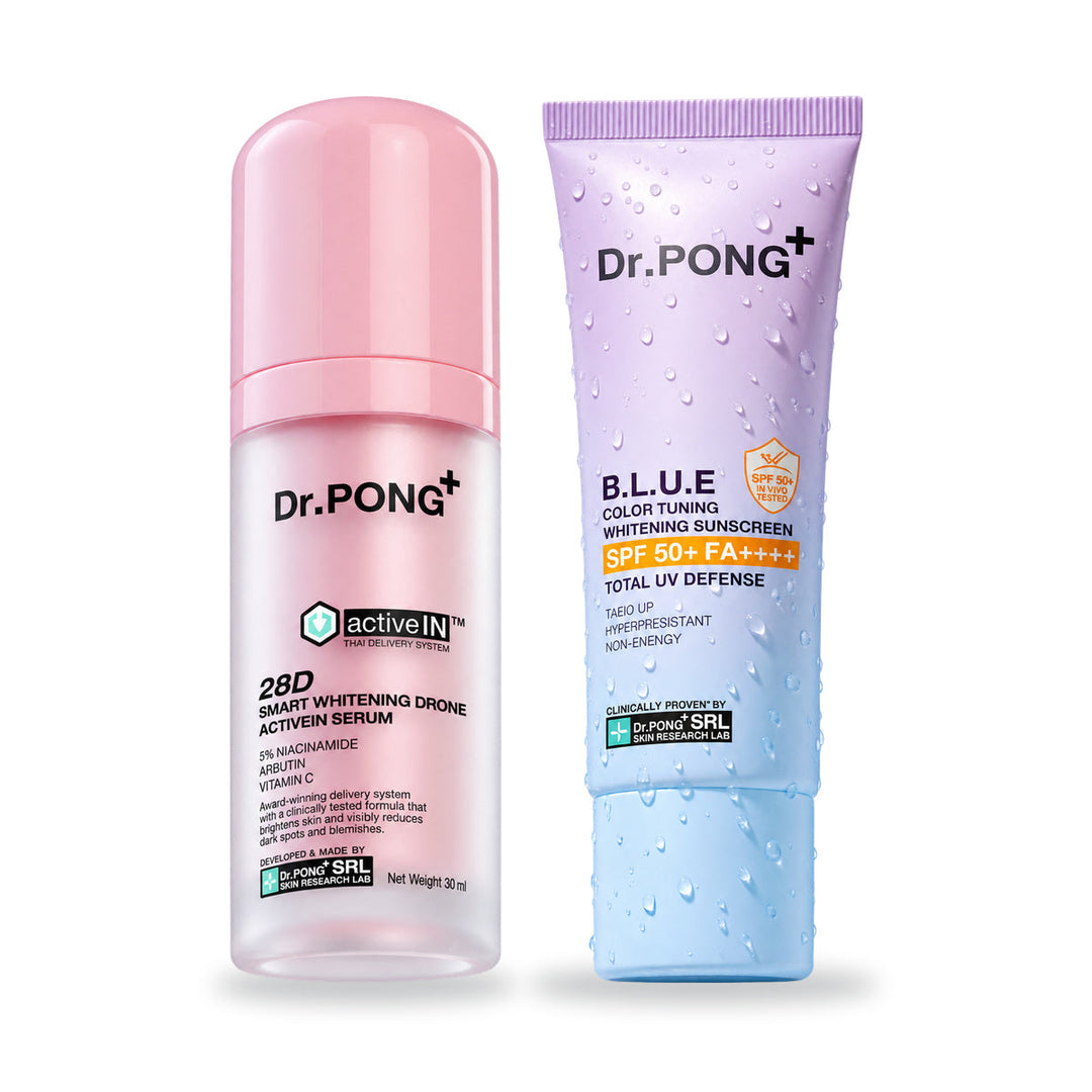 Dr.PONG Dr.PONG activeIN 28D Smart Whitening Drone Serum 30 ml + B.L.U.E Sunscreen 25 g | Set on white background