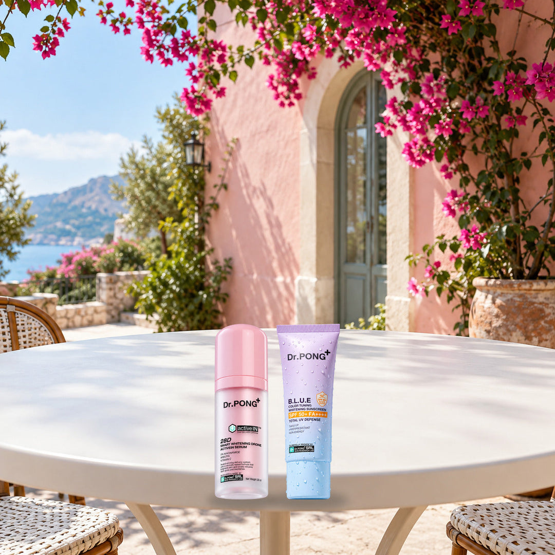 Dr.PONG Dr.PONG activeIN 28D Smart Whitening Drone Serum 30 ml + B.L.U.E Sunscreen 25 g | Set lifestyle photo with product