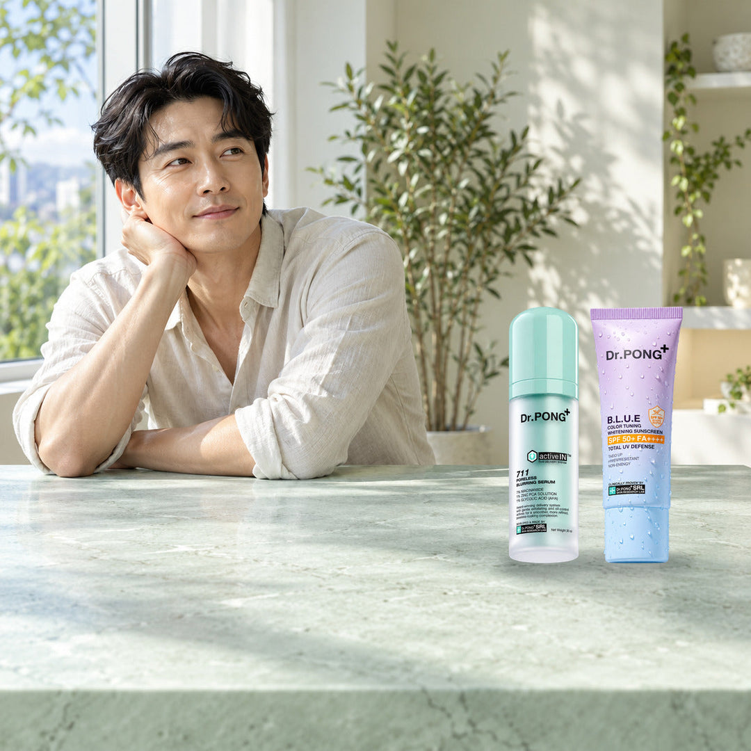 Dr.PONG Dr.PONG activeIN 711 Poreless Blurring Serum 30 ml + B.L.U.E Sunscreen 25 g | Set lifestyle photo with product