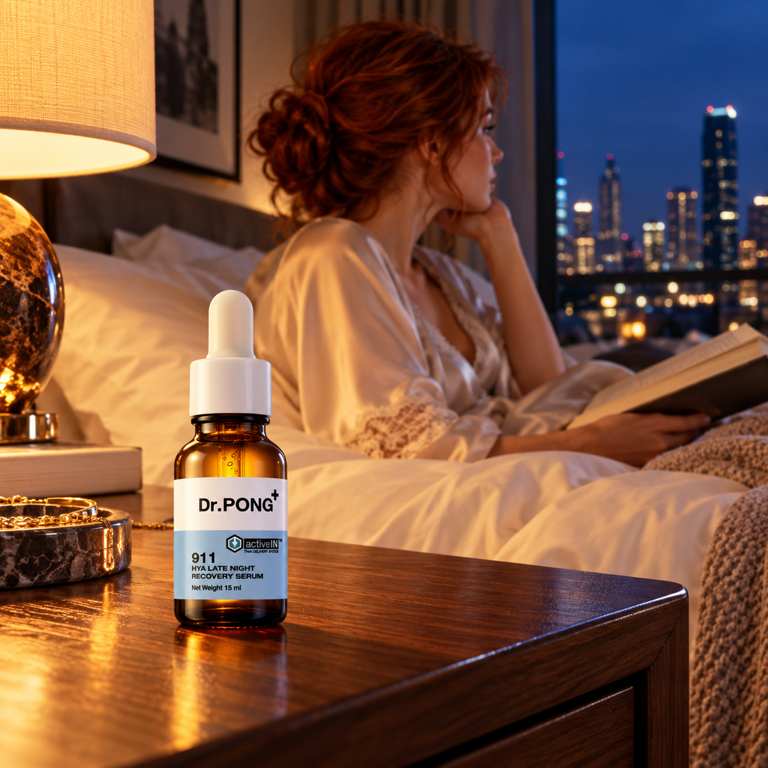 Dr.PONG activeIN 911 HYA Late Night Recovery 15 ml serum in an editorial skincare scene