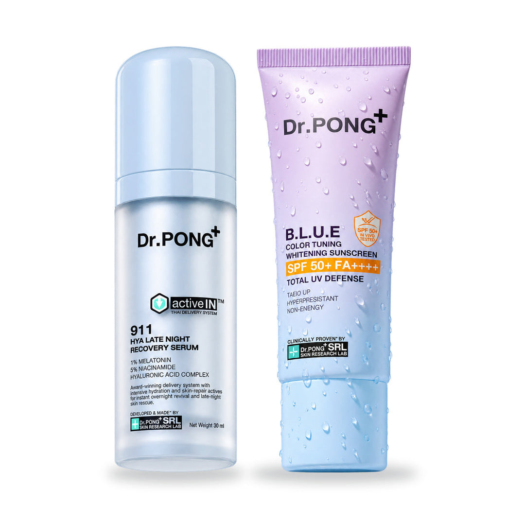 Dr.PONG Dr.PONG activeIN 911 Hya Late Night Recovery Serum 30 ml + B.L.U.E Sunscreen 25 g | Set on white background
