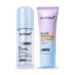 Dr.PONG Dr.PONG activeIN 911 Hya Late Night Recovery Serum 30 ml + B.L.U.E Sunscreen 25 g | Set on white background