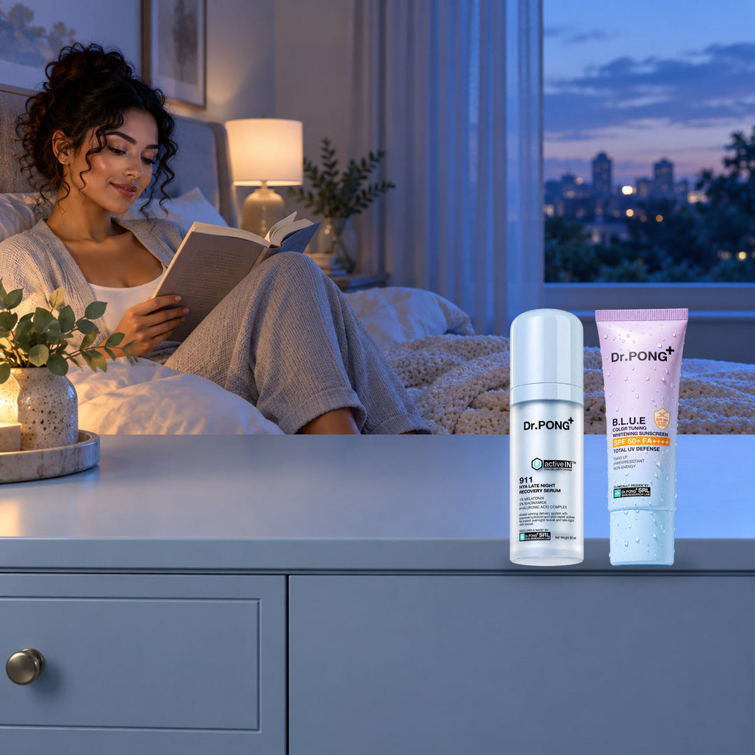 Dr.PONG Dr.PONG activeIN 911 Hya Late Night Recovery Serum 30 ml + B.L.U.E Sunscreen 25 g | Set lifestyle photo with product