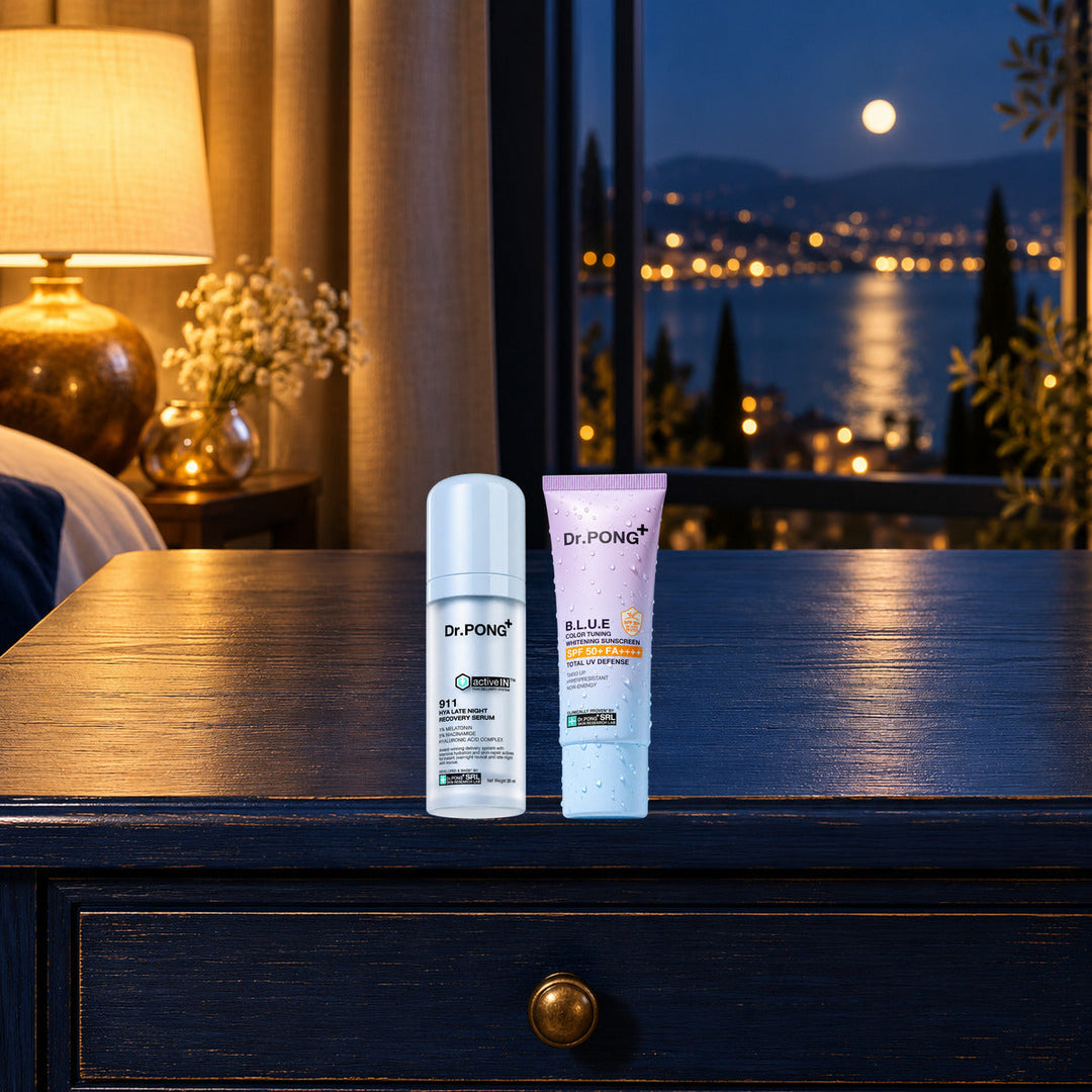 Dr.PONG Dr.PONG activeIN 911 Hya Late Night Recovery Serum 30 ml + B.L.U.E Sunscreen 25 g | Set lifestyle photo with product