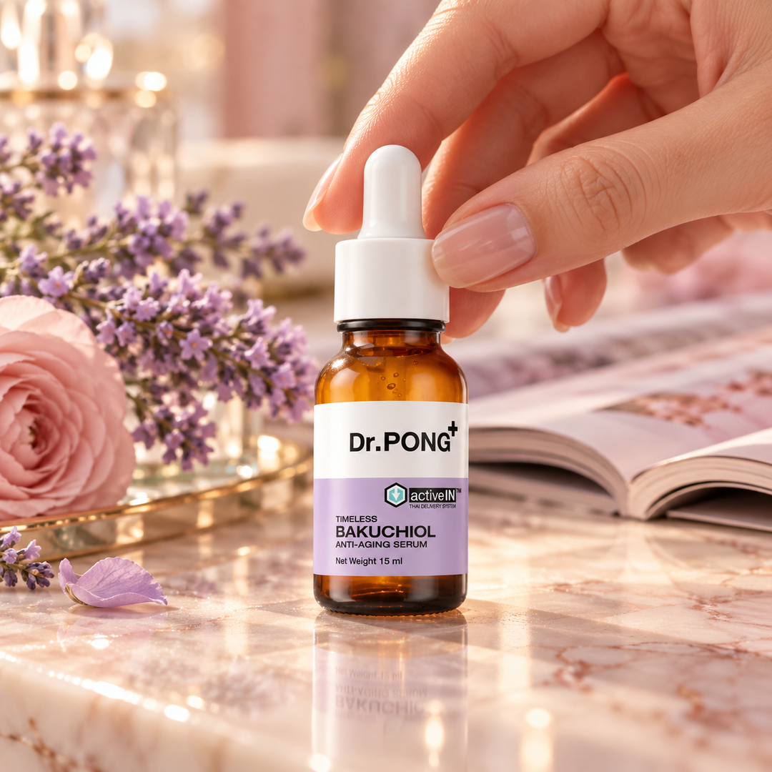 Dr.PONG activeIN Timeless Bakuchiol 15 ml serum used in a lifestyle setting