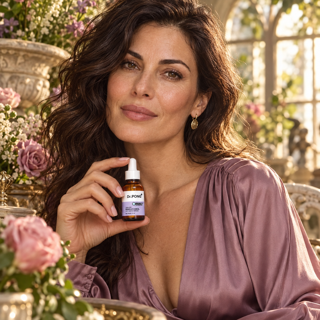 Dr.PONG activeIN Timeless Bakuchiol 15 ml serum in an editorial skincare scene