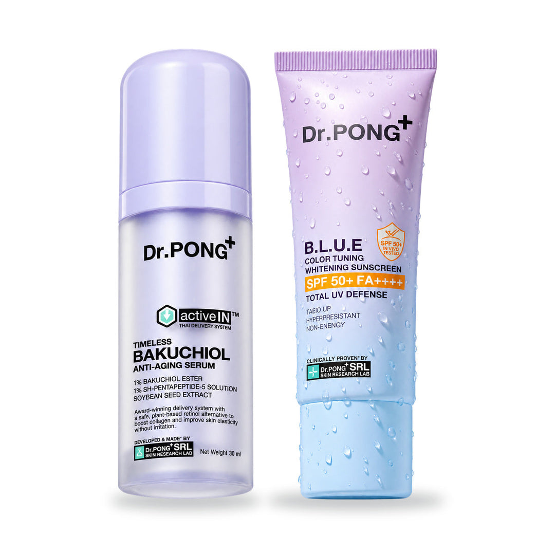 Dr.PONG Dr.PONG activeIN Timeless Bakuchiol Serum 30 ml + B.L.U.E Sunscreen 25 g | Set on white background