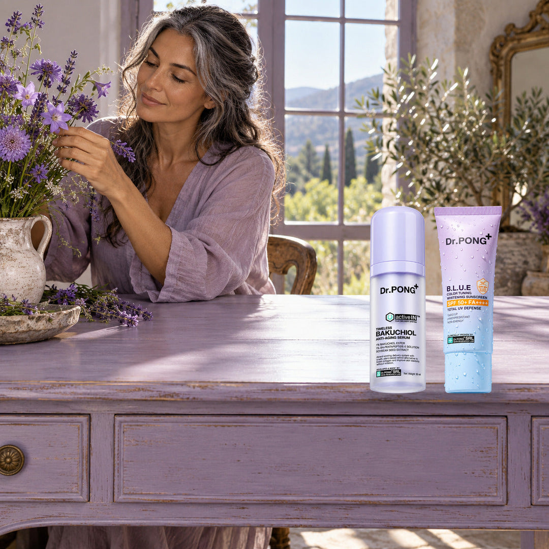 Dr.PONG Dr.PONG activeIN Timeless Bakuchiol Serum 30 ml + B.L.U.E Sunscreen 25 g | Set lifestyle photo with product