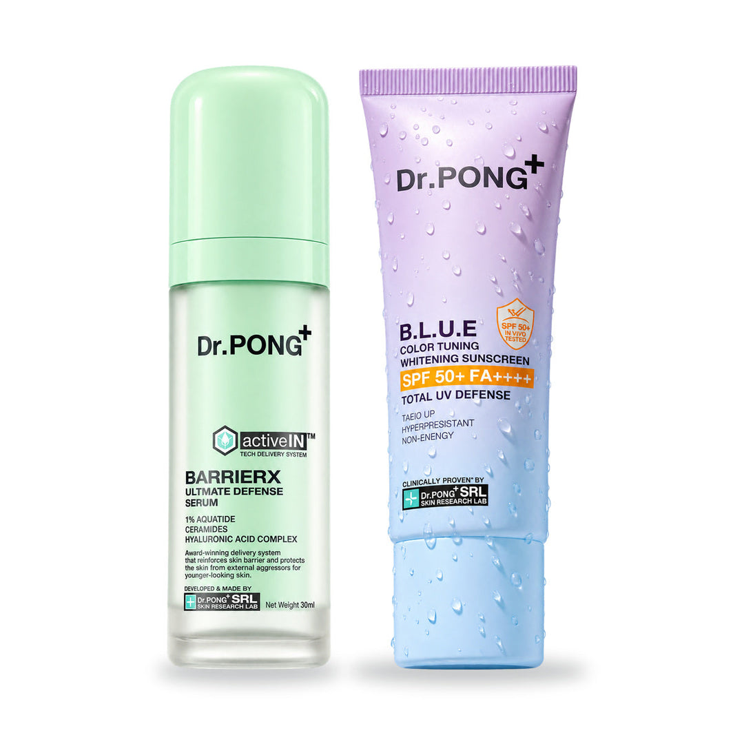 Dr.PONG Dr.PONG activeIN BarrierX Ultimate Defense Serum 30 ml + B.L.U.E Sunscreen 25 g | Set on white background