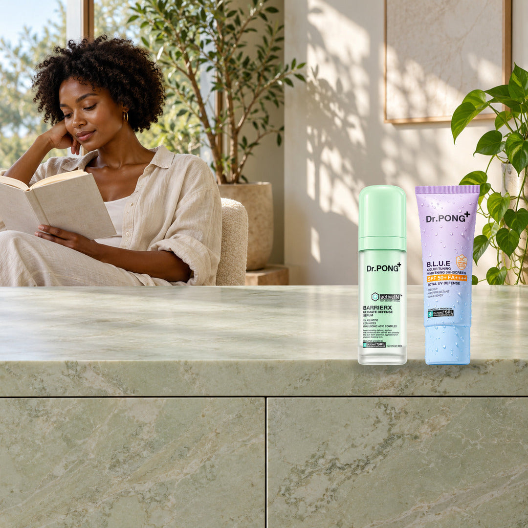 Dr.PONG Dr.PONG activeIN BarrierX Ultimate Defense Serum 30 ml + B.L.U.E Sunscreen 25 g | Set lifestyle photo with product