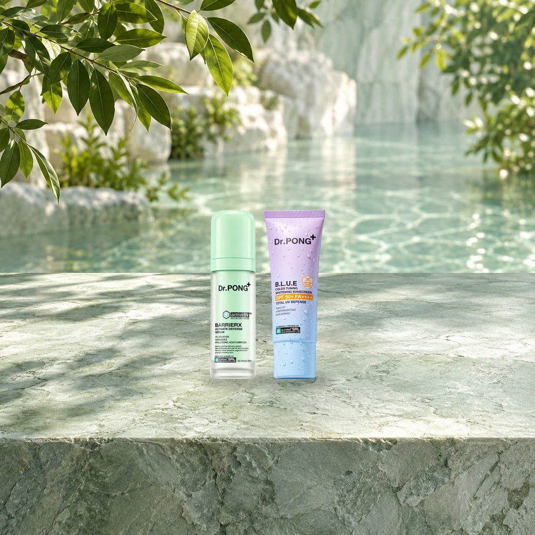 Dr.PONG Dr.PONG activeIN BarrierX Ultimate Defense Serum 30 ml + B.L.U.E Sunscreen 25 g | Set lifestyle photo with product
