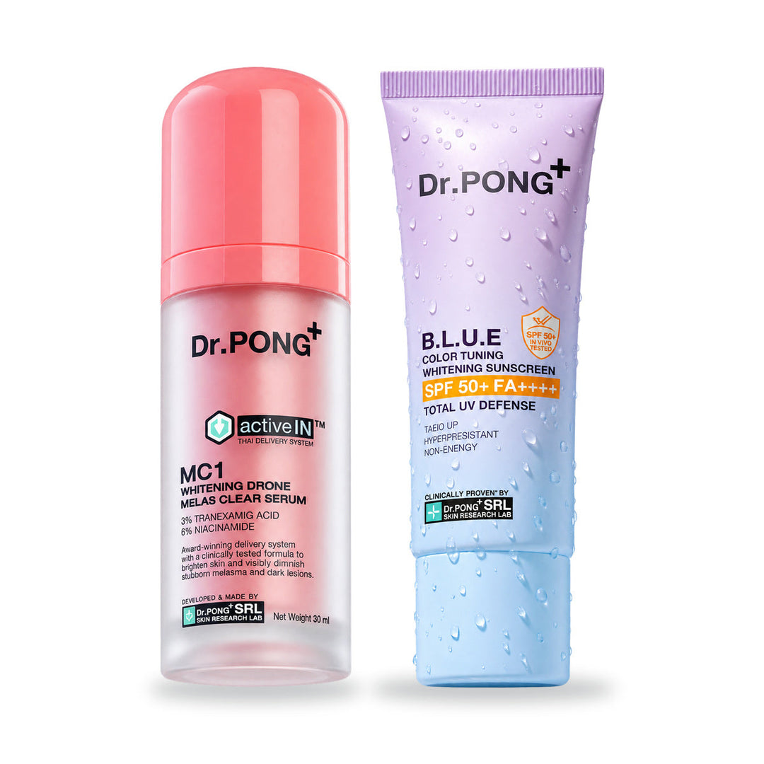 Dr.PONG Dr.PONG activeIN MC1 Melas Clear Serum 30 ml + B.L.U.E Sunscreen 25 g | Set on white background