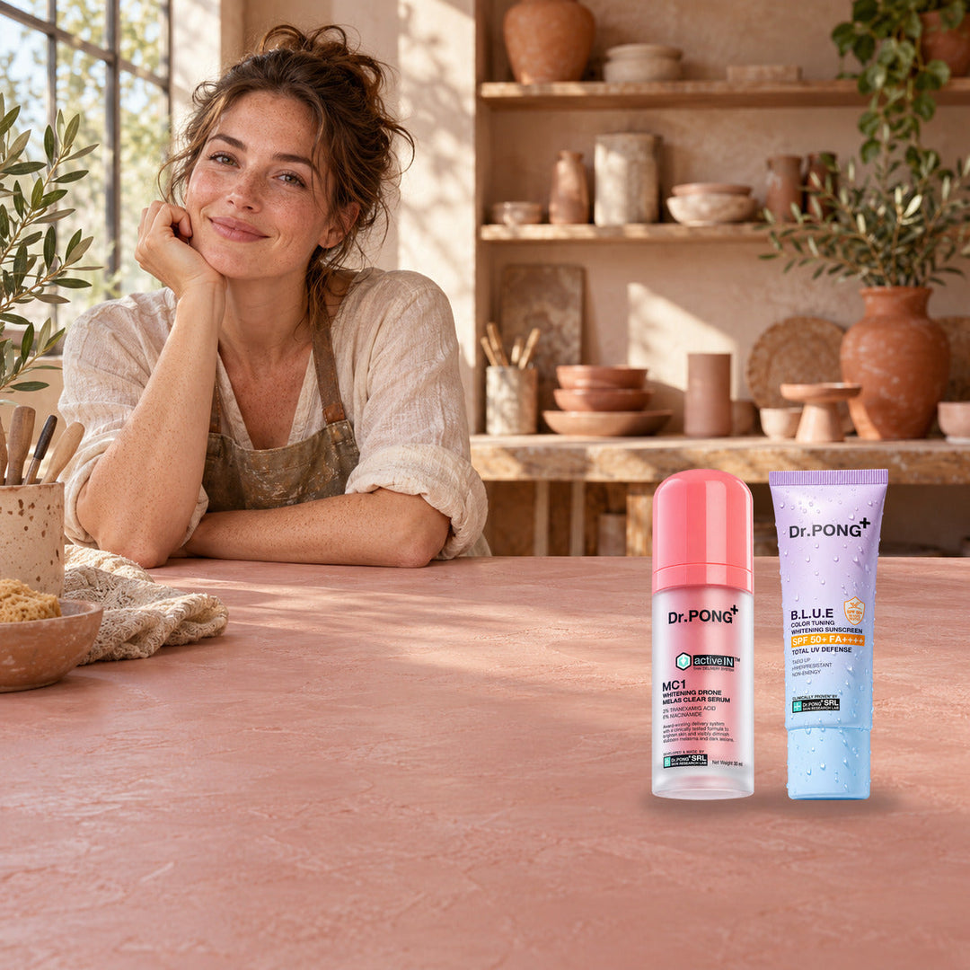 Dr.PONG Dr.PONG activeIN MC1 Melas Clear Serum 30 ml + B.L.U.E Sunscreen 25 g | Set lifestyle photo with product
