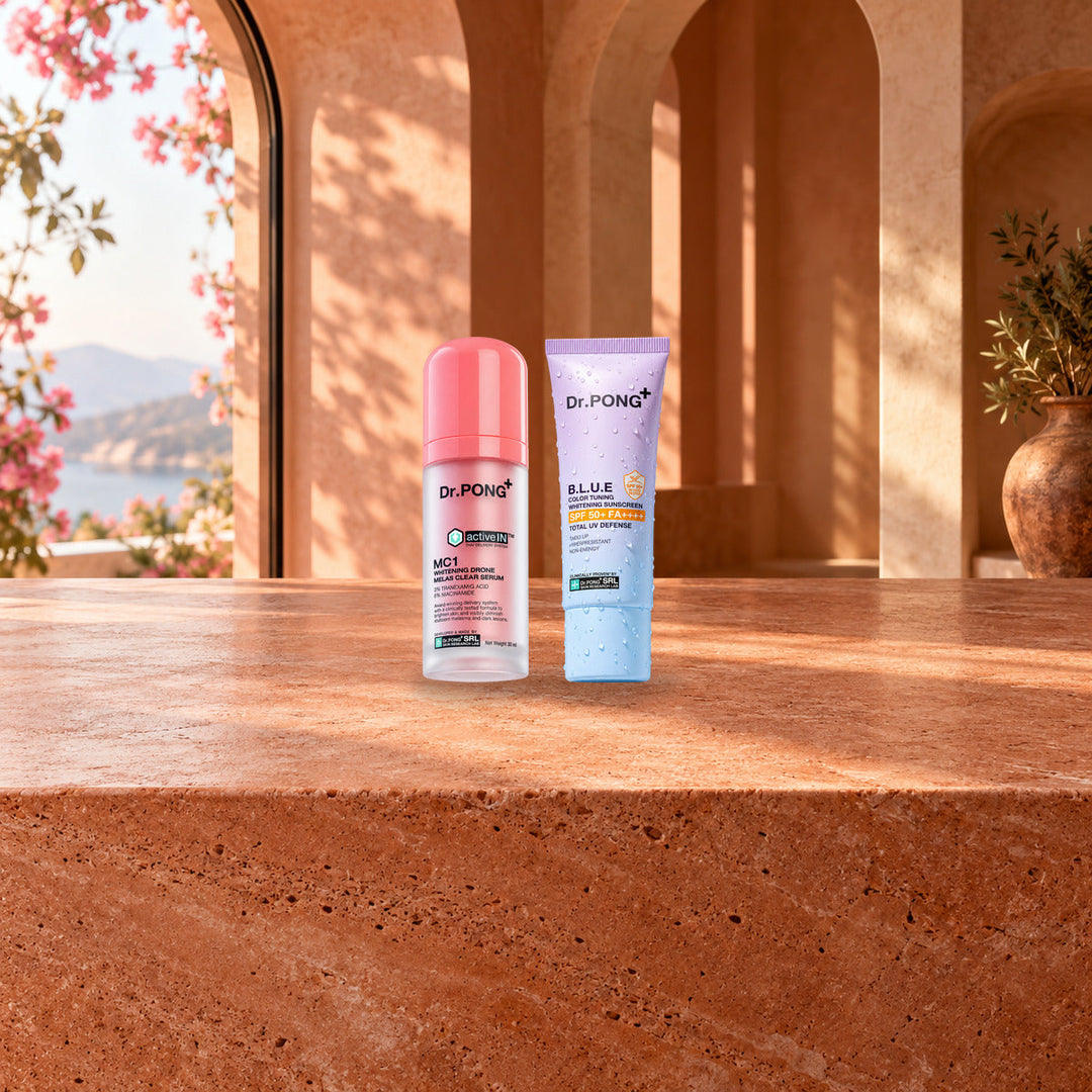 Dr.PONG Dr.PONG activeIN MC1 Melas Clear Serum 30 ml + B.L.U.E Sunscreen 25 g | Set lifestyle photo with product