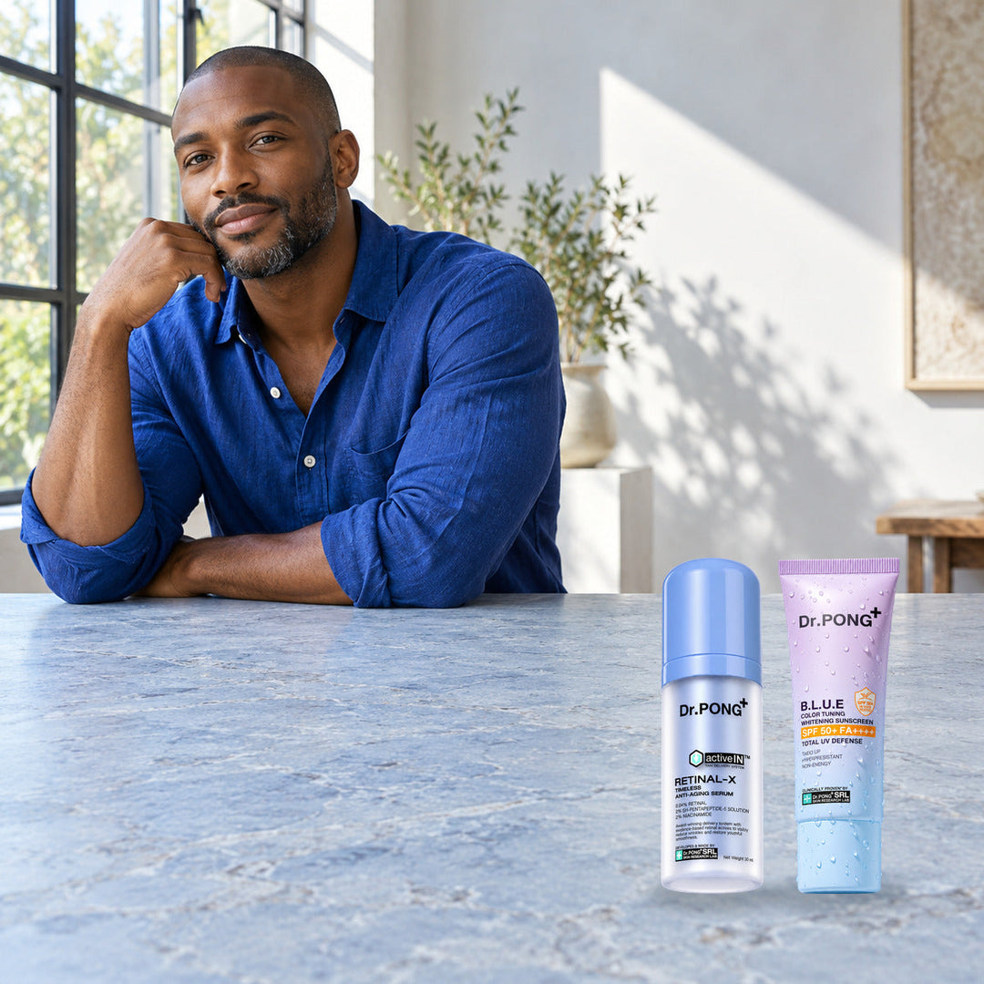 Dr.PONG Dr.PONG activeIN Retinal-X Timeless Serum 30 ml + B.L.U.E Sunscreen 25 g | Set lifestyle photo with product